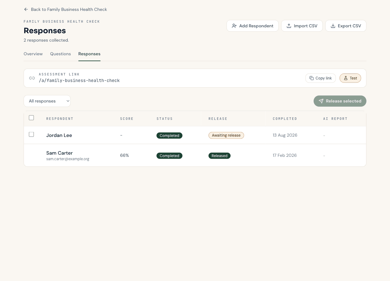 The Responses tab showing respondents with completion status, release state, and the Release selected button